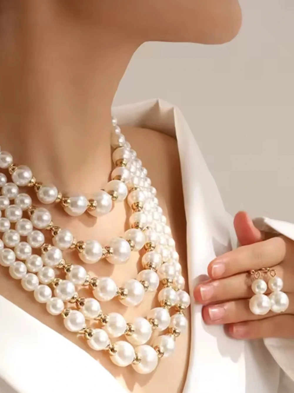 Anthropologie Layered Pearl Necklace with Gold Accents - White and Gold - Picture 3 of 5